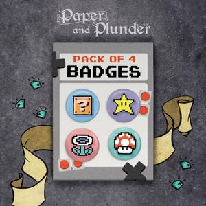 Super Mario Bros. 3 Badges , 4 per pack, Mushroom, Super Star, Mystery Block, Fire Flower