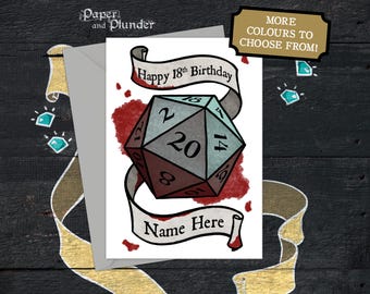Tarjeta de cumpleaños Bloody D20, nombre y edad personalizados, dados de mesa