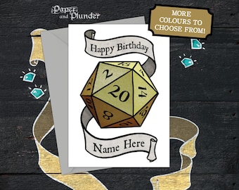 Tarjeta de cumpleaños D20, nombre y edad personalizados, dados de mesa