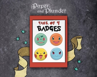 Insignias de Pokémon, 4 insignias por paquete, Pikachu, Charmander, Squirtle y Bulbasaur