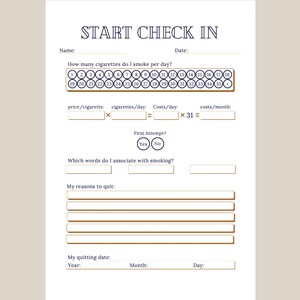 May include: A printable worksheet titled "Start Check In" with sections for tracking cigarette consumption, costs, and reasons for quitting. The worksheet includes a grid of numbers 1-35, a section for recording the price per cigarette, cigarettes per day, costs per day, and costs per month, and a section for listing reasons for quitting smoking.