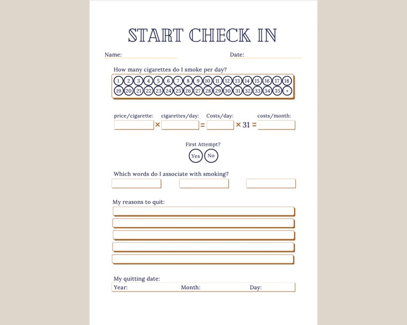 May include: A printable worksheet titled "Start Check In" with sections for tracking cigarette consumption, costs, and reasons for quitting. The worksheet includes a grid of numbers 1-35, a section for recording the price per cigarette, cigarettes per day, costs per day, and costs per month, and a section for listing reasons for quitting smoking.