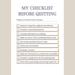 May include: A checklist with a title "My Checklist Before Quitting". The checklist includes 10 items to consider before quitting smoking, such as disposing of cigarettes, lighters, and ashtrays, considering a motivational phrase, and making the environment smoke-free.