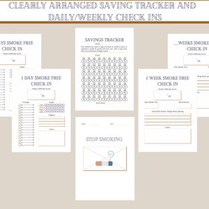 May include: A printable worksheet with a light blue and gray color scheme. The worksheet is designed to help people track their progress in quitting smoking and saving money. It includes sections for daily and weekly check-ins, a savings tracker, and a stop smoking motivational image.