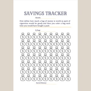 May include: A black and white savings tracker printable with a grid of 60 money bags. The text at the top says "Savings Tracker" and there is a space to write in the month. The text below the grid says "Saved Money".