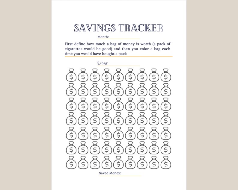 May include: A black and white savings tracker printable with a grid of 60 money bags. The text at the top says "Savings Tracker" and there is a space to write in the month. The text below the grid says "Saved Money".