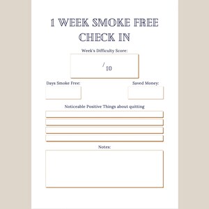 May include: A printable checklist for tracking progress on a one-week smoke-free challenge. It includes sections for rating difficulty, days smoke-free, saved money, positive things about quitting, and notes.