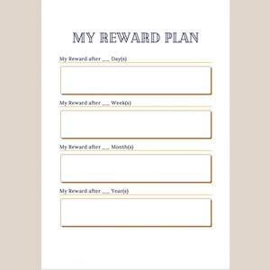 May include: A printable reward plan worksheet with four sections for setting goals and rewards. The sections are labeled "My Reward after... Day(s)", "My Reward after... Week(s)", "My Reward after... Month(s)", and "My Reward after... Year(s)".