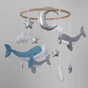 Felt whale baby mobile, Nursery mobile, Ocean crib mobile, Handmade animal cot mobile, Baby shower gift, Gender neutral, Nautical mobile
