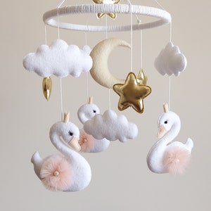 Felt swan baby mobile, Princess swan nursery decor, White swan cot mobile, Crown swan crib mobile, Baby girl mobile, Baby shower gift, Swans