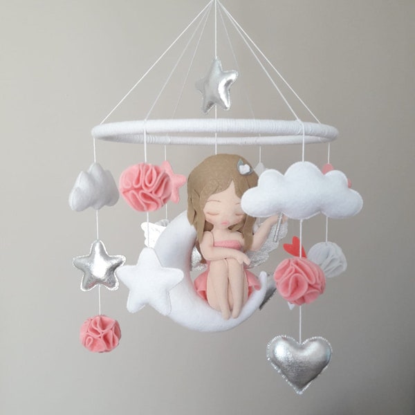 Felt angel baby mobile, Fairy nursery mobile, Angel cot mobile, Baby girl crib mobile, Fairy nursery decor, Baby shower gift