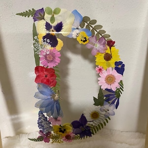 May include: A framed wall art piece featuring the letter D constructed from an assortment of pressed, dried flowers and greenery. The arrangement includes pansies, daisies, and various colorful petals in shades of yellow, pink, blue, and red.