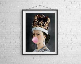 Queen Elizabeth Print Royal Crown Bubblegum Art,Eclectic Wall Art,Alter Art Print,Funny Print,Vintage Poster,Altered Photo Print,Digital Art