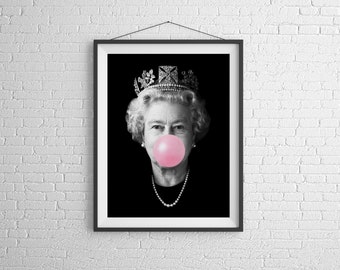 British Queen Elizabeth Print, Bubblegum Art,Eclectic Wall Art,Altered Art Print,Funny Poster,Vintage Poster,Photo,Digital Download Wall Art