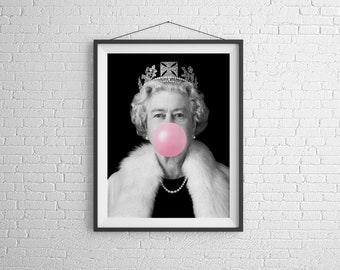 Queen Elizabeth II With Crown Print Bubblegum Art, Eclectic Wall Art, Alter Art Print,Funny Print,Vintage Poster,Altered Photo Print,DIgital