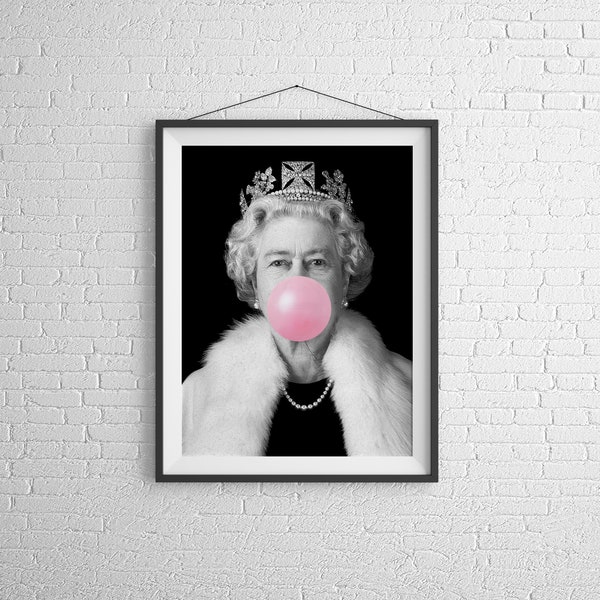 Queen Elizabeth II With Crown Print Bubblegum Art, Eclectic Wall Art, Alter Art Print,Funny Print,Vintage Poster,Altered Photo Print,DIgital