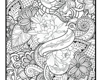 Tattoo Design Adult Coloring Book: Snake & Floral (Digital Download)