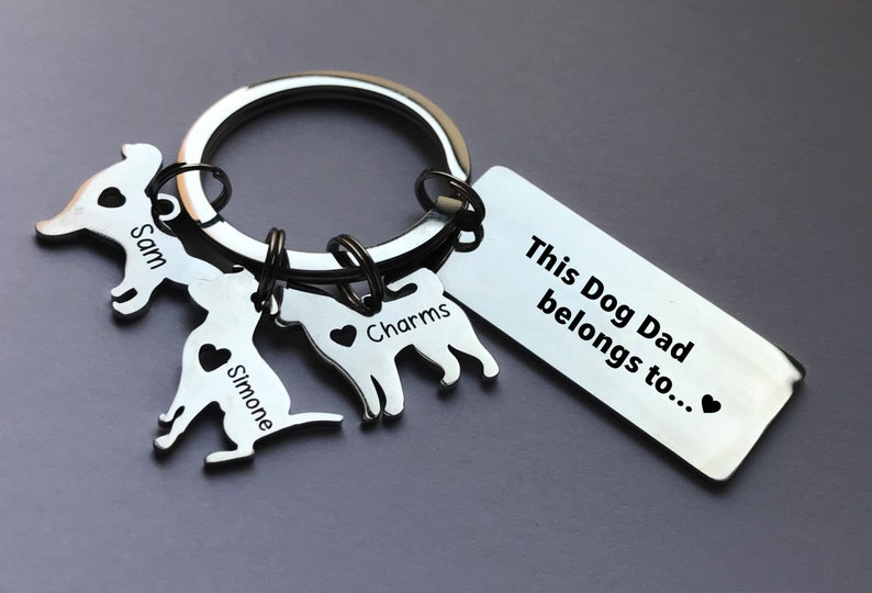 silver key chain with three dog charms with names and tag that reads "this dog dad belongs to..."