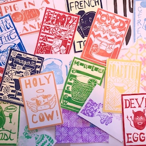 Postais impressos à mão | Linogravura Postais | Cartão postal punny
