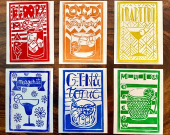 Handgedruckte Cocktail-Wortspiel-Grußkarten