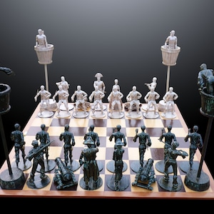 May include: A pirate-themed chess set with black and silver pieces. The pieces are arranged on a wooden chessboard with a brown and white checkered pattern. The board is surrounded by a black frame. The pieces are made of plastic and are detailed with pirate-themed designs.
