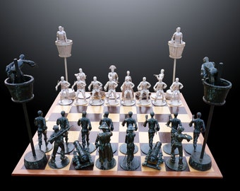 Artistic Chess Set: Pirates vs Spaniards, Resin Cast Pieces on Wooden Board, Limited Edition Hand-made, Unique Gift for Chess Enthusiasts