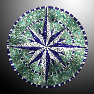 Compass Rose Mosaic Art, Handmade in Ceramic Tiles, Design for Indoor/Outdoor Floor, Wall, Tabletop, Unique Decor for Home Lovers