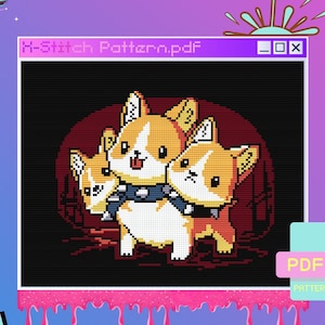 May include: A pixel art cross-stitch pattern featuring three cartoon corgis with black collars and studded belts. The pattern is titled "H-Stitch Pattern.pdf" and is available for download. The design size is 100 x 83 stitches and uses 8 DMC colours.