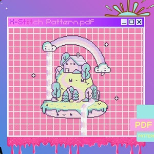 Op de afbeelding: Een digitaal kruissteekpatroon met een regenboog, wolken en een huis op een klein eiland. Het patroon is 167 x 141 steken en gebruikt 8 DMC-kleuren. Het patroon is beschikbaar als PDF-download op de website www.nintendostitch.com.