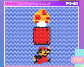 May include: A digital download of a cross-stitch pattern featuring a pixelated Super Mario character. The pattern is 22 by 69 stitches and uses 7 DMC colors. The pattern is available for download on the website www.nintendostitch.com.