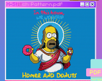 Op de afbeelding: Een digitaal kruissteekpatroon met Homer Simpson als Jezus met de tekst "In dit huis aanbidden we donuts." Het patroon is beschikbaar als PDF-download en bevat 10 DMC-kleuren. De ontwerpmaat is 1.398.174 steken.