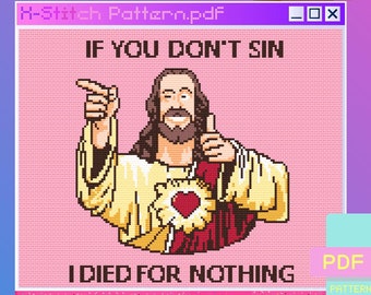 Op de afbeelding: Een gepixelde afbeelding van Jezus Christus met de tekst "Als je niet zondigt, ben ik voor niets gestorven." De afbeelding bevindt zich in een computervenster met de titel "H-Stitch Pattern.pdf". De afbeelding is omgeven door een roze en blauwe achtergrond met andere gepixelde afbeeldingen.