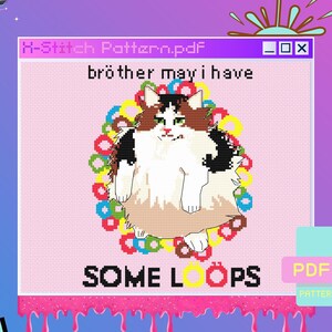 Op de afbeelding: Een digitaal kruissteekpatroon met een kat met een bloemenkrans. Het patroon is getiteld "brother may i have SOME LÖPS" en is beschikbaar als PDF-download. De afmeting van het patroon is 92 x 115 steken en gebruikt 9 DMC-kleuren.
