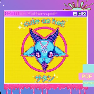 May include: A digital cross-stitch pattern featuring a pixelated blue goat head with the text "cute as hell" and Japanese characters. The design is on a yellow background with a pink and purple gradient. The design size is 128x162 stitches.
