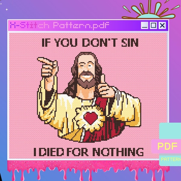 Buddy Jesus Cross Stitch Pattern | Funny Xstitch Pattern Kit | Jesus Meme, Sarcastic, Humor, I saw that, Modern, Popular, religious, snarky