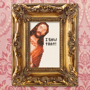 Peeking Jesus I saw that Cross Stitch Pattern | Funny Christ Xstitch Pattern Kit | Jesus Meme, Sarcastic, Humour, I see you, Modern, Popular