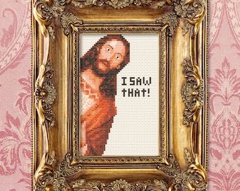 Peeking Jesus I saw that Cross Stitch Pattern | Funny Christ Xstitch Pattern Kit | Jesus Meme, Sarcastic, Humour, I see you, Modern, Popular