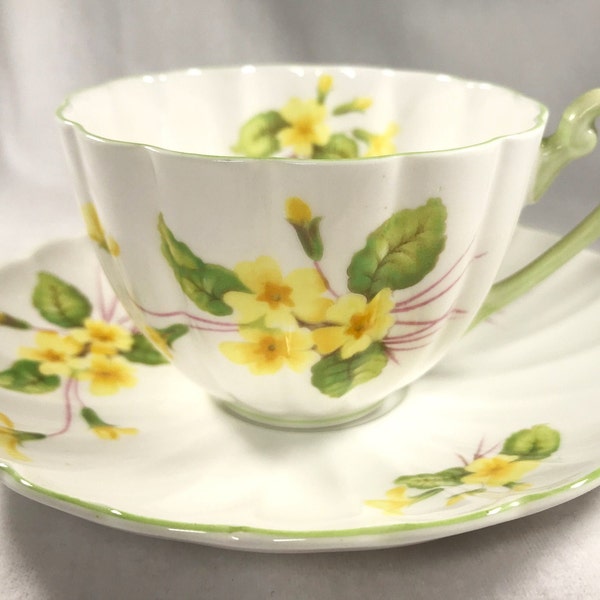 Shelley Yellow Primrose Cup and Saucer, Ludlow Shape Teacup with Green Trim, Fine Quality 1950's English Bone China