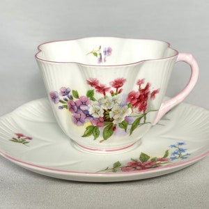 Dainty StocK by Shelley, Fine English Bone China Cup and Saucer, Dainty Shape Teacup Duo #13428