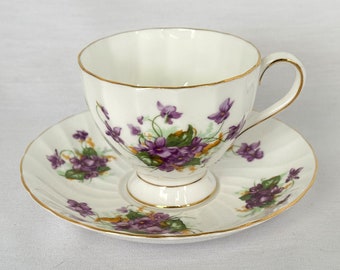 Purple and White Violets on a Mid Century English Bone China Cup and Saucer by Royal Chelsea, Spring Violets Pattern