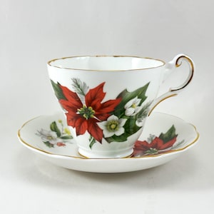 Poinsettia Cup and Saucer by Regency- 1970&#39;s English Fine Bone China Red and White Floral Tea Cup - Great for Winter Time Tea!