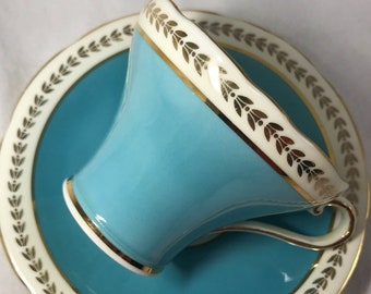 Aynsley Corset Shape Turquoise Cup and Saucer - Vintage Aynsley Turquoise with Gold Laurel Leaves Teacup