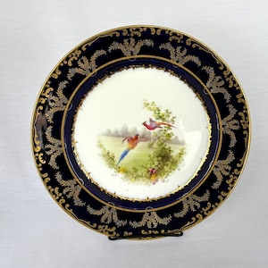 Antique Cabinet Plate, 19th Century Hand Painted Cobalt Blue Gilded Plate with Colorful Pheasants
