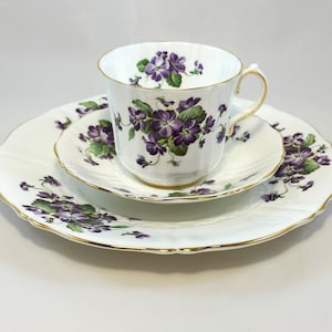 Vintage Old Royal Bone China Tea Cup Trio: Purple Violet Floral