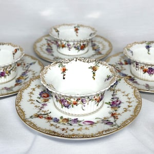 19th Century Dresden Ramekins, Custard Cups, Colorful Floral Decorated Porcelain by Helena Wolfsohn, Dresden, Germany
