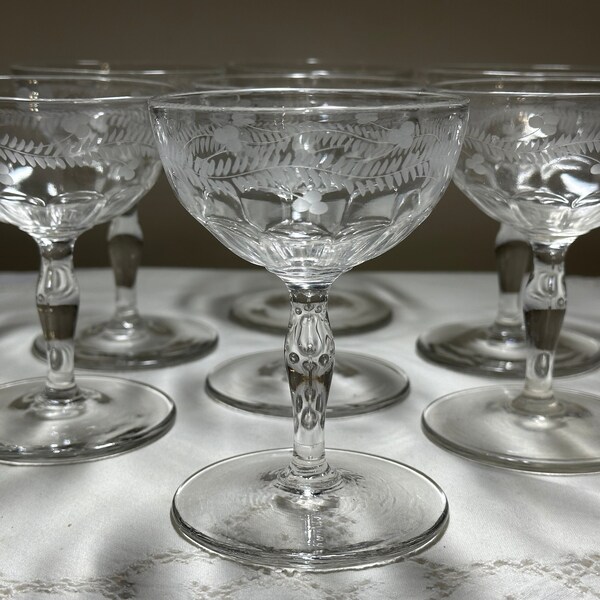 Antique Champagne Coupes, Set of 7 Delicate Cut Glass Champagne Coupes with Laurel and Berry Band, Excellent Condition Estate Find