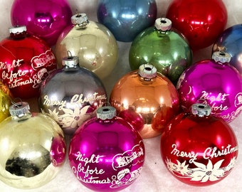 Large Shiny Brite Glass Ball Ornaments, Mid Century 3-1/4" Jumbo:  Merry Christmas, Night Before Christmas, Nursery Rhymes, Colored, 14 pc