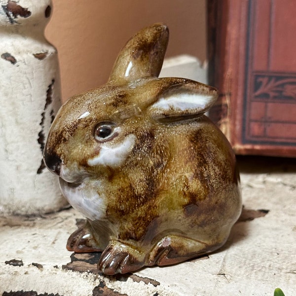 Vintage Bunny Rabbit Figurine, Glazed Redware Pottery Bunny by Liezen, Austria