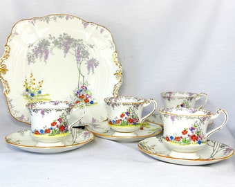 Charming 1920's Paragon Tea Set -  Art Deco 9 Piece Cups and Plates - Antique English Tea Set for 4 - Perfect for Vintage Tea Lovers