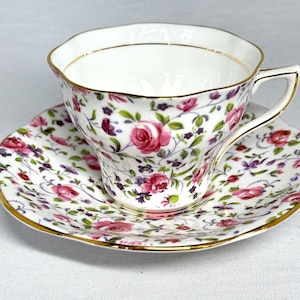 Rose Chintz Cup and Saucer by Rosina, 1950&#39;s English Bone China Teacup with Roses and Violets